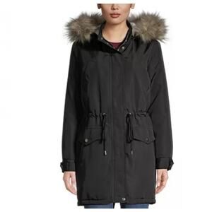 HURLEY Faux Fur-Trim Women’s Black Parka Coat Jacket EUC
